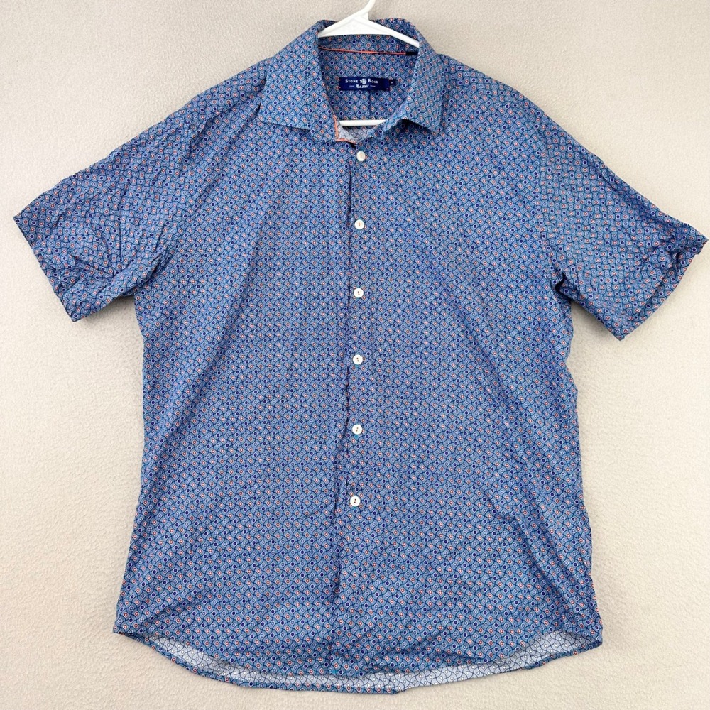 Stone Rose Button Up Shirt Mens L Blue Short Sleeve Stretch Performance Office